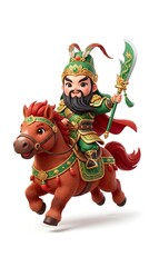 Naklejka premium Cute Chibi Guan Yu Riding Red Hare Horse 3D Illustration , pure white background