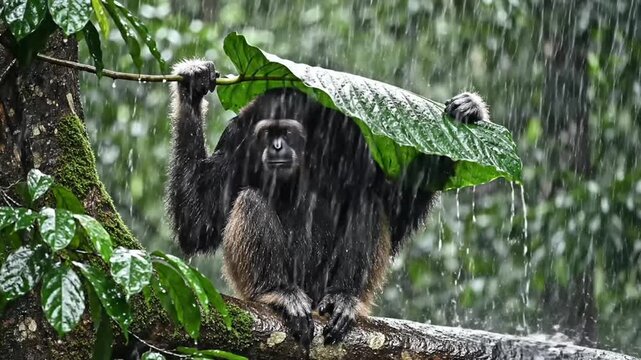 Chimpanzee uses large leaf as umbrella in tropical rain forest