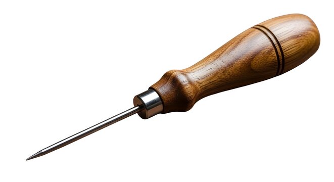 A leather awl tool with a wooden handle and metal point isolated on white background