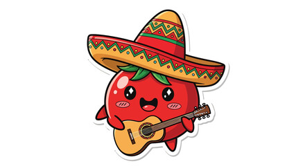 Cartoon tomato in sombrero playing guitar.
