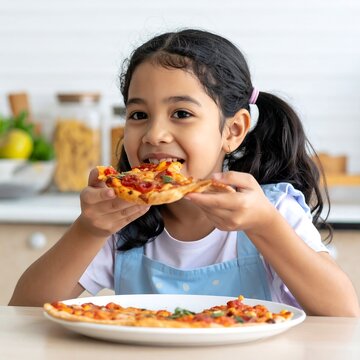 Young girl joyfully eats a slice of pizza, smiling with delight. Plate of pizza sits on a table in the background