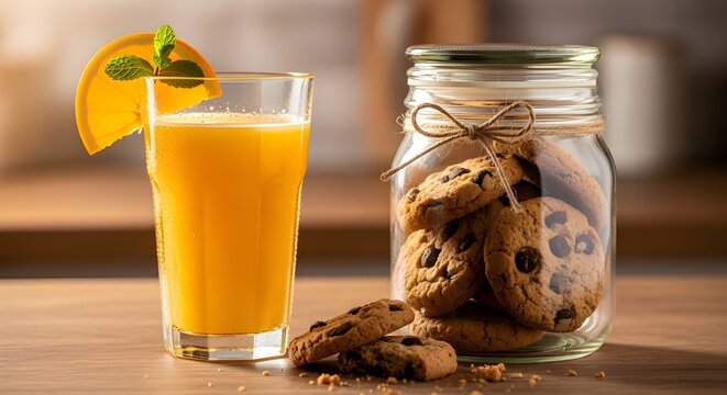 Segelas jus jeruk dengan kue kering diatas meja