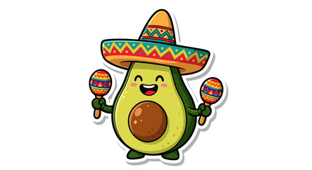 Fototapeta premium Cartoon Avocado Wearing Sombrero Maracas.
