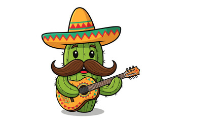 Obraz premium Cactus wearing sombrero plays guitar.