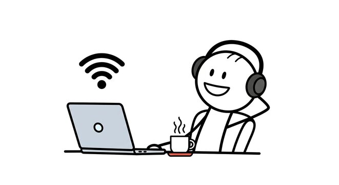 A stick figure wearing headphones, enjoying a cup of coffee while working on a laptop with a Wi-Fi signal.