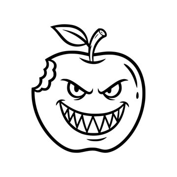 Angry apple cartoon illustration with sharp teeth and bite mark.