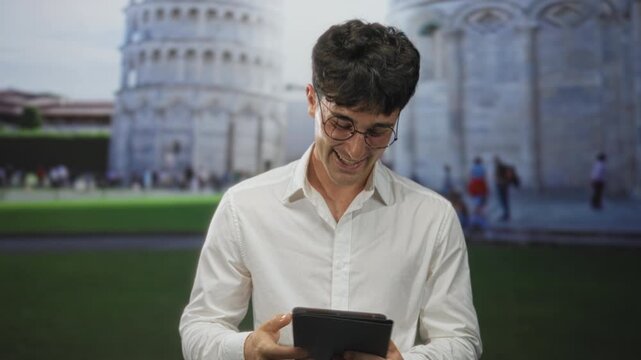 Young hispanic man holding a tablet and laughing while reading messages in front of a building with pisa tower behind him; travel joy.