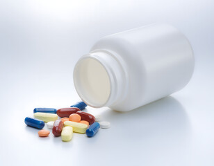 Close-up of colorful pills spilling out of a white medicine bottle on a plain white surface.