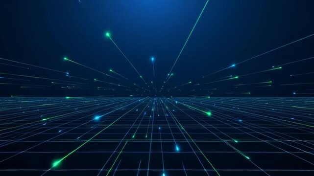 Vibrant blue digital grid with glowing lines and dots radiating outward in futuristic pattern.