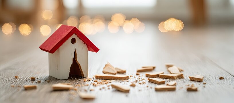Broken miniature house with red roof and scattered fragments on a wooden floor