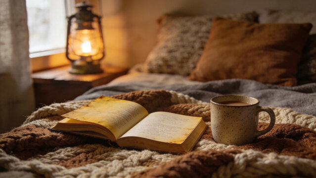 Steaming coffee cup on vintage books on bed.