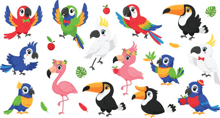 Fototapeta premium Cute Exotic Tropical Bird Mascot Collection with Parrots Toucans Flamingos and Colorful Cartoon Jungle Birds with Fruits and Leaves Vector Set