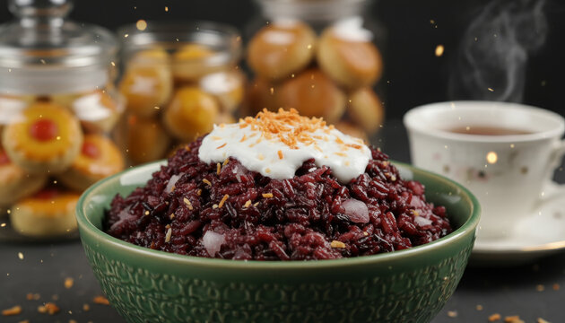 A textured green bowl overflows with steaming Black Sticky Rice (Pulut Hitam), topped with a dollop of thick coconut cream and toasted . It represents the concept of Traditional Heritage Desserts.