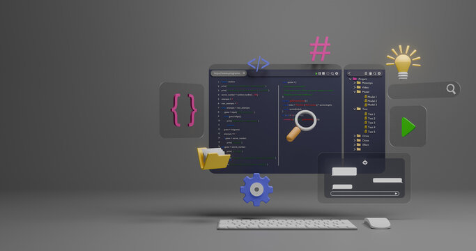 3D Rendering of Programmer Developing Software: Coding Script Languages, IT Technology Symbols, Data Engineering and Computer Programming Project