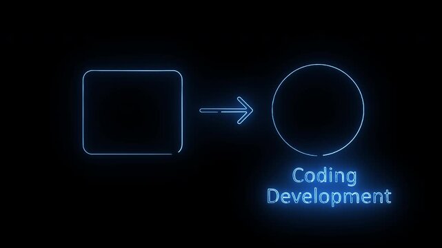 Neon-lit coding development concept with glowing blue square and circle icons on a black background.