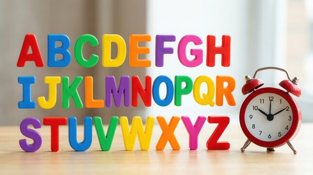 Colorful alphabet letters with a vintage alarm clock in the background