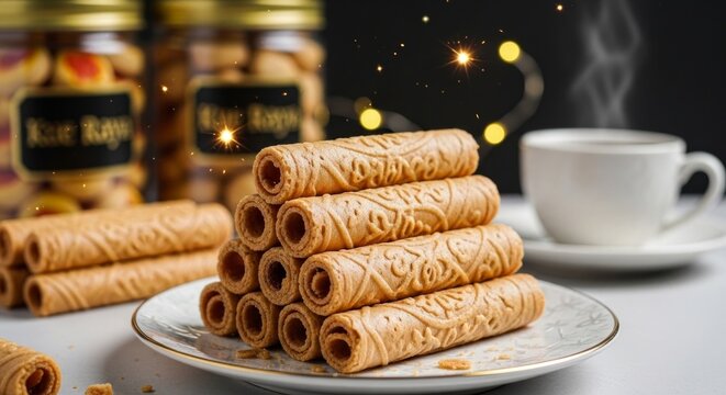A pyramid of golden-brown Kuih Kapit (love letters) with intricate patterns sits on a plate, paired with steaming coffee and festive jars, representing the concept of Traditional Festive Hospitality.