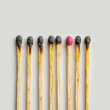 Row of burnt matches with one unused red-tipped match