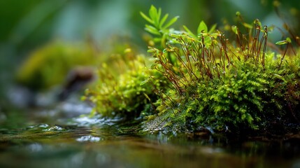 Fototapeta premium absorbing. Close-up of vibrant green moss absorbing water with visible droplets. ESG reports, sustainability campaigns, designed for sustainability communications and ESG reporting.