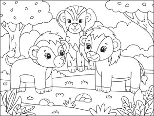 Obraz premium Three cute cartoon bears hugging in forest coloring book page vector illustration