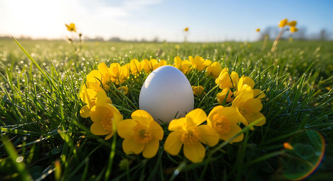 White egg nestled among vibrant yellow crocuses in green grassy field yellow flowers dewy grass