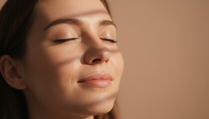 Fototapeta premium Relaxing Skincare Routine, Calm Lady With Radiant Skin Embracing Selfcare And Wellness, Peaceful Woman With Luminous Skin Practicing Gentle Skincare And Relaxation Techniques