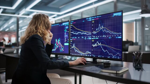 Busy Woman Broker Working With Multiple Screens
