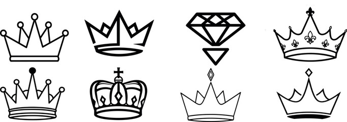Fototapeta premium PSet of royal crown icons and diamond symbols in minimalist line art style.rint