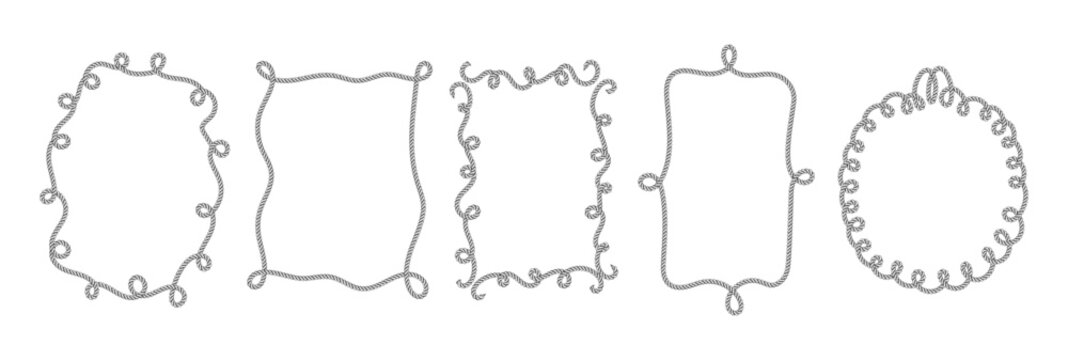 Whimsical rope frames with nautical knots and braided borders. Vector set of circular and rectangular sailor decorations for maritime design projects.