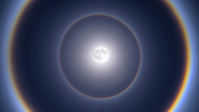 Celestial Scene With Luminous Moon And Halo. Astronomical Background Highlighting Radiant Moon And Surrounding Glow. Bright Lunar Disc Surrounded By Luminous Halo In Beautiful Night Sky