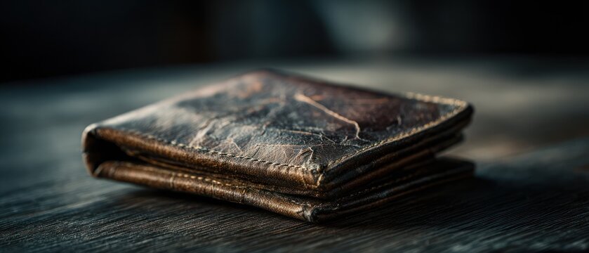 Close up of a weathered leather wallet on a wooden surface