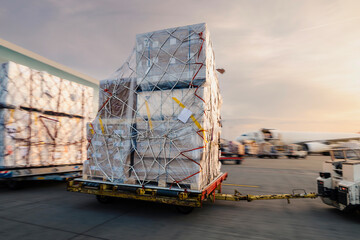 Cargo carts with freight in motion blur moving toward cargo airplane at airport. Air cargo...