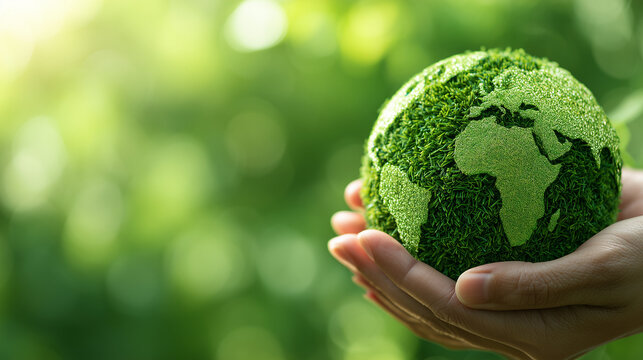 Green Earth in Human Hands &ndash; Sustainable Environment, Ecology and World Conservation. Earth day. Hand holding green earth. 