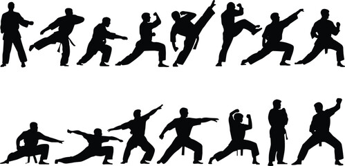 PrintMartial arts silhouette illustration, karate kung fu taekwondo vector design, fighting stance clipart, combat training graphics, self defense outline icons collection © MD KAZOL