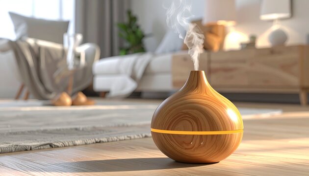 Wooden aroma diffuser in a cozy bedroom with sunlight streaming through a window