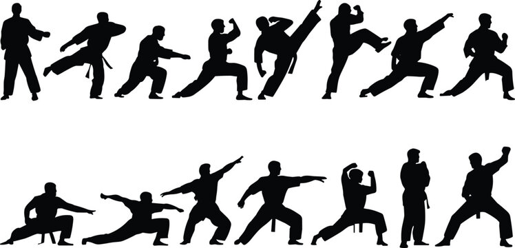 PrintMartial arts silhouette illustration, karate kung fu taekwondo vector design, fighting stance clipart, combat training graphics, self defense outline icons collection