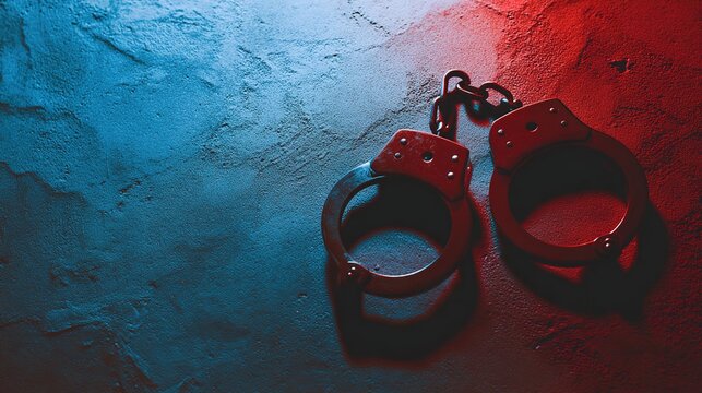 restraint. A pair of handcuffs on contrasting blue and red surfaces, symbolic separation. wellbeing guides, coaching materials, designed for coaching and self-improvement content.