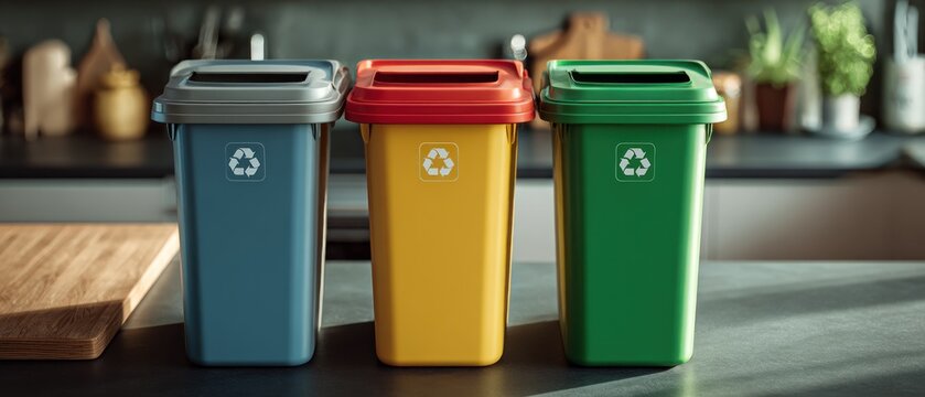 Colorful recycling bins in a kitchen setting