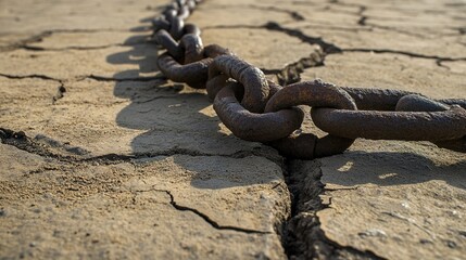 shackles. Discarded rusted shackles on cracked earth with footprints leading away. ESG reports, sustainability campaigns, designed for environmental awareness campaigns, used by curriculum designers.