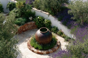 In a garden setting, a large clay pot sits in the center of a circular stone area surrounded by green plants and purple flowers during bright daylight