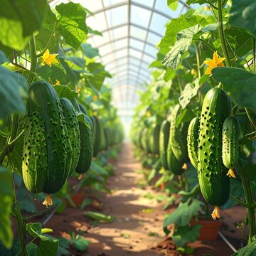 Lush greenhouse with rows of cucumbers growing on vines