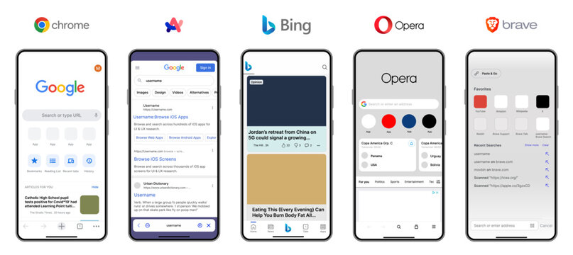 Chrome Arc Bing Opera Brave Mobile Browser Interface UI Mockup
Chrome Arc Bing Opera Brave Search Engine and Web Browser Screen Design Template for Mobile