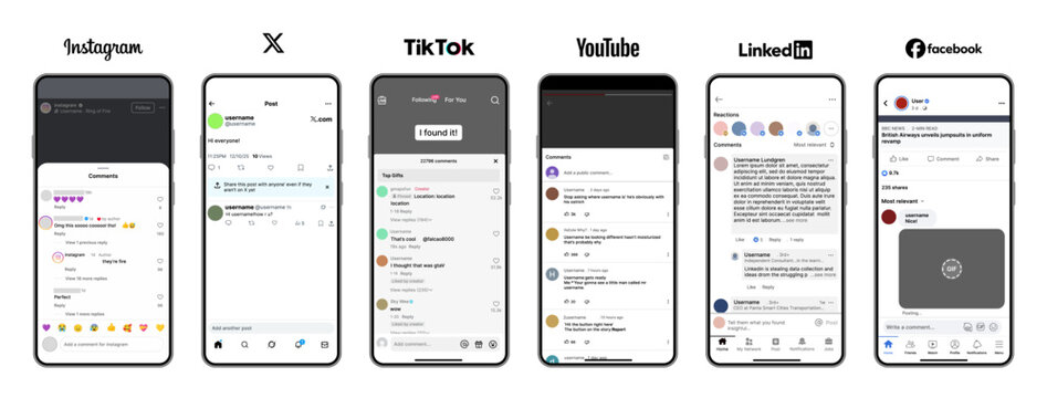 Instagram X TikTok YouTube LinkedIn Facebook Mobile Comment Interface UI Mockup
Instagram X TikTok YouTube LinkedIn Facebook Social Media Comment Section Design Template for Mobile