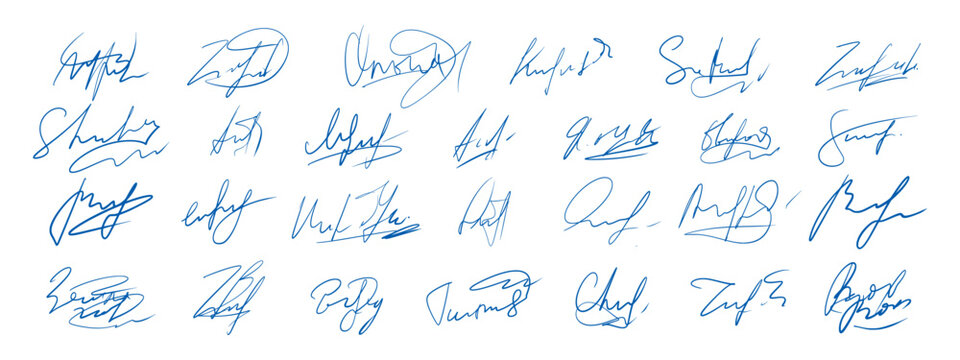 Autograph sample collection. Blue ink signatures in different handwriting styles.