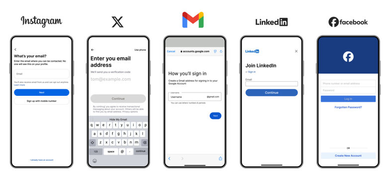 Instagram X Gmail LinkedIn Facebook Mobile Sign Up and Login Interface UI Mockup
Instagram X Gmail LinkedIn Facebook Account Registration and Authentication Screen Design Template for