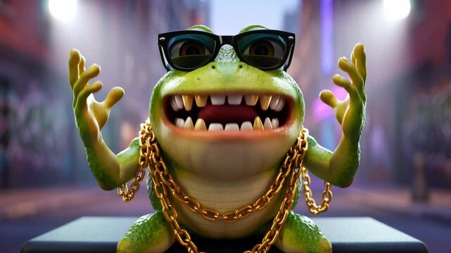 3D Rendered CGI Hip Hop Frog Character with Gold Chains  Grills  and Sunglasses in Urban Street Scene