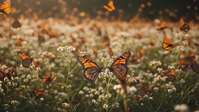 Monarch butterflies flutter around white wildflowers in a sunny meadow with flying insects.