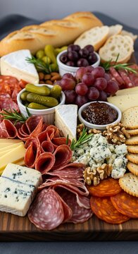 Charcuterie board with gourmet meat and cheese, delicious charcuterie board for party appetizers, close up of charcuterie board on wooden platter with grapes and nuts