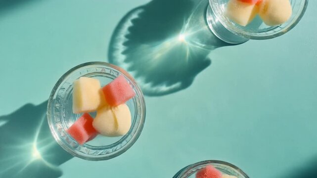 Melon and watermelon sorbet in small glass bowls