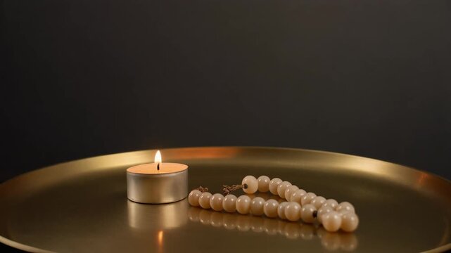 Burning tea light candle and prayer beads on golden tray
